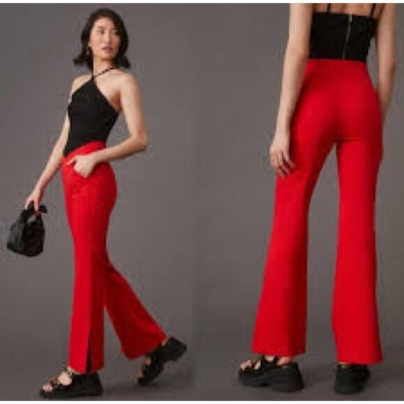 Anthropologie Maeve Wide Leg Pants Womens Medium Petite Red Pull On Knit Stretch - Picture 1 of 11